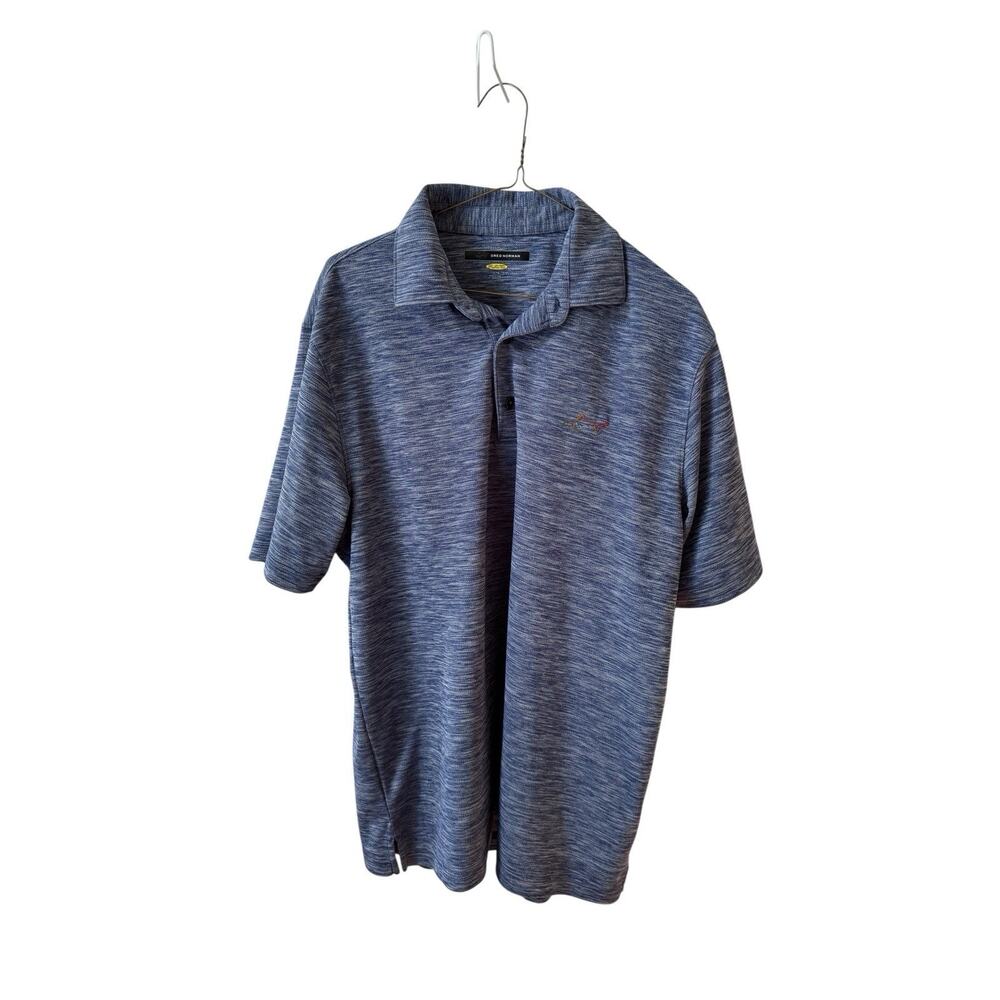 Greg Norman Play Dry Polo Shirt Mens Large Blue Heather‎ Shark Logo Office Golf